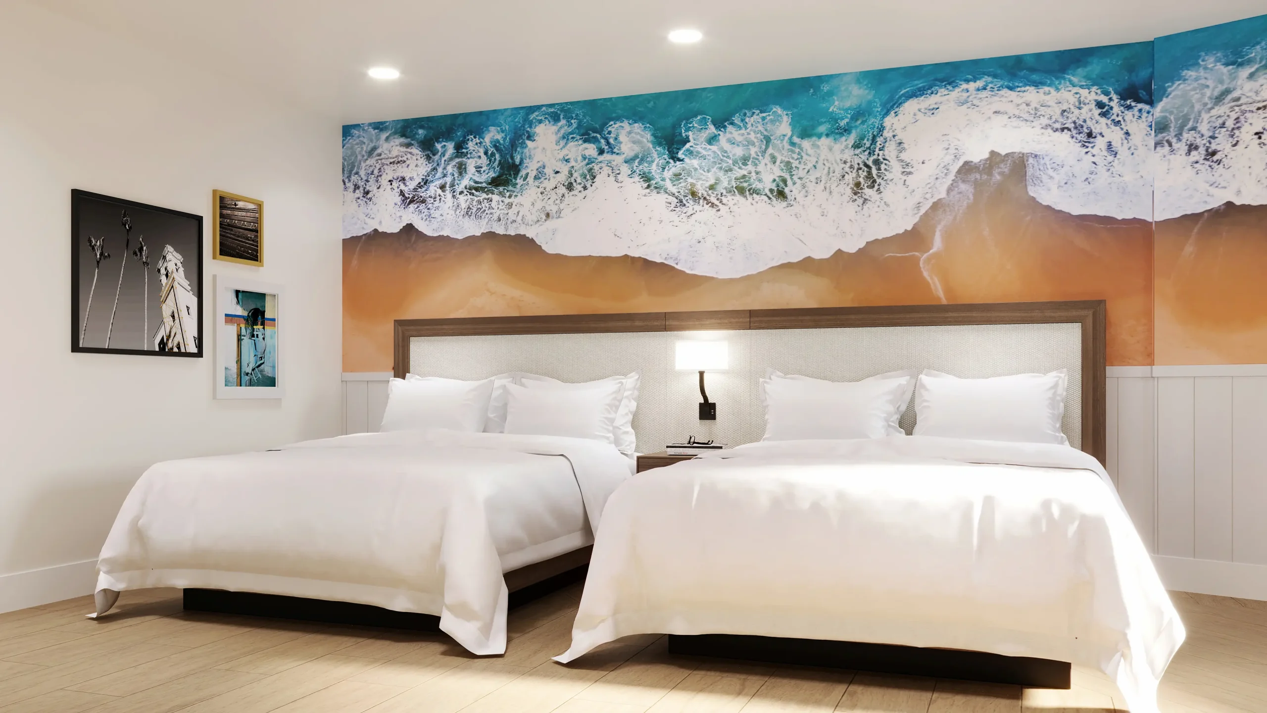guestroom with two beds, ocean print walls bed and chair