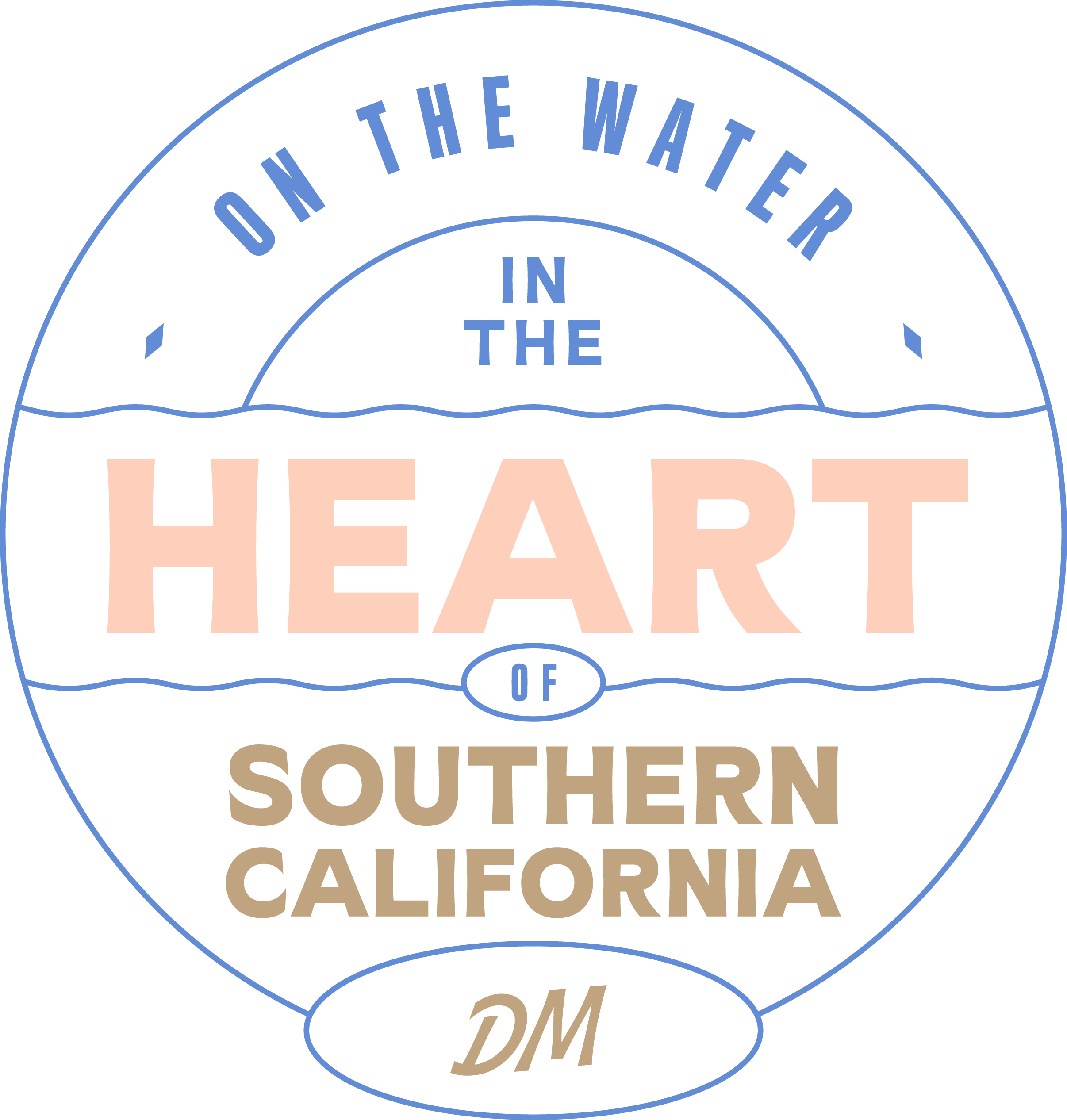Decorative shield with the text "On the water in the heart of southern california DM"